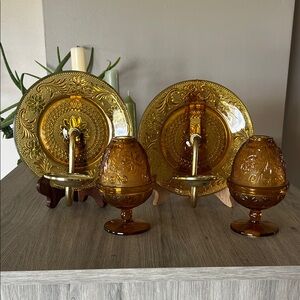 Tiara Amber Pressed Glass Sconces and Fairy Lamps- Set of 2